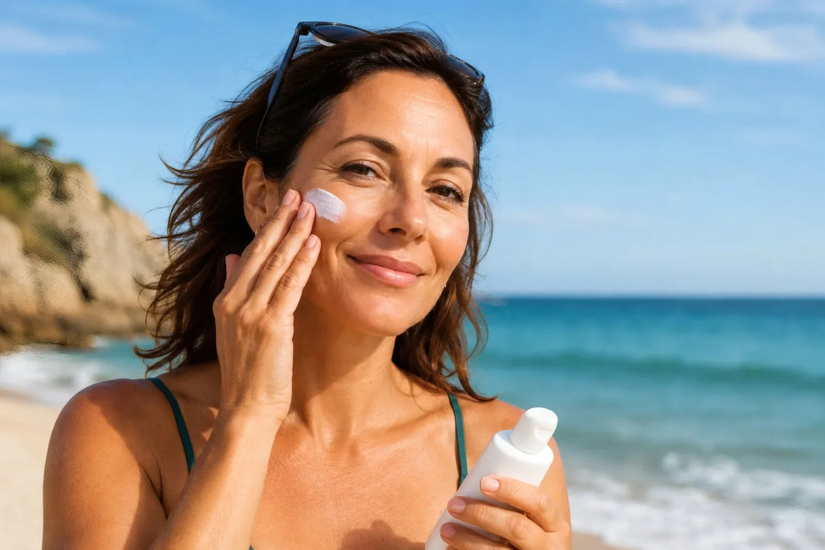 Woman in her forties smoothing sunscreen onto her cheekbone at the beach, holding a plain white bottle
