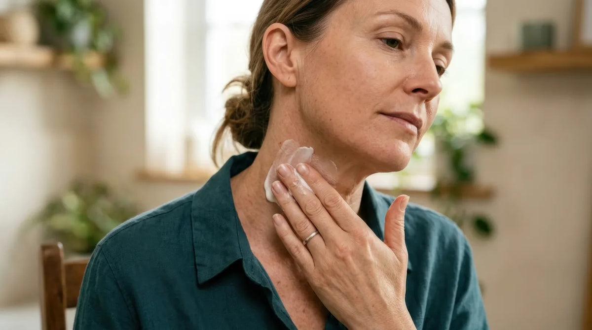Woman in her late forties smoothing a dab of cream onto the side of her neck at home