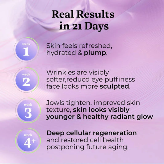  text on real results in 21 days on a purple background.